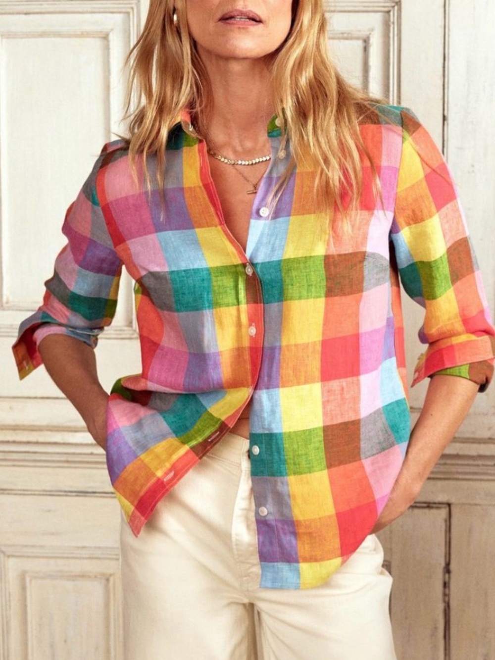 EUC Boden Sienna Linen Multicolor Plaid Button-Down Shirt